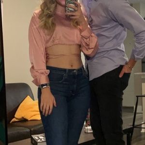 DNT pink satin cropped long sleeve top